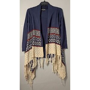 Flowy Boho Fringed Open Front Cardigan Tunic Sweater Sz Large Blue Almost Famous